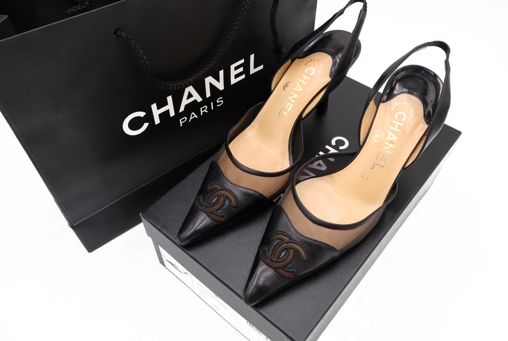 Vintage Chanel CC Mesh Leather Pointed-Toe Slingbacks | 36.5