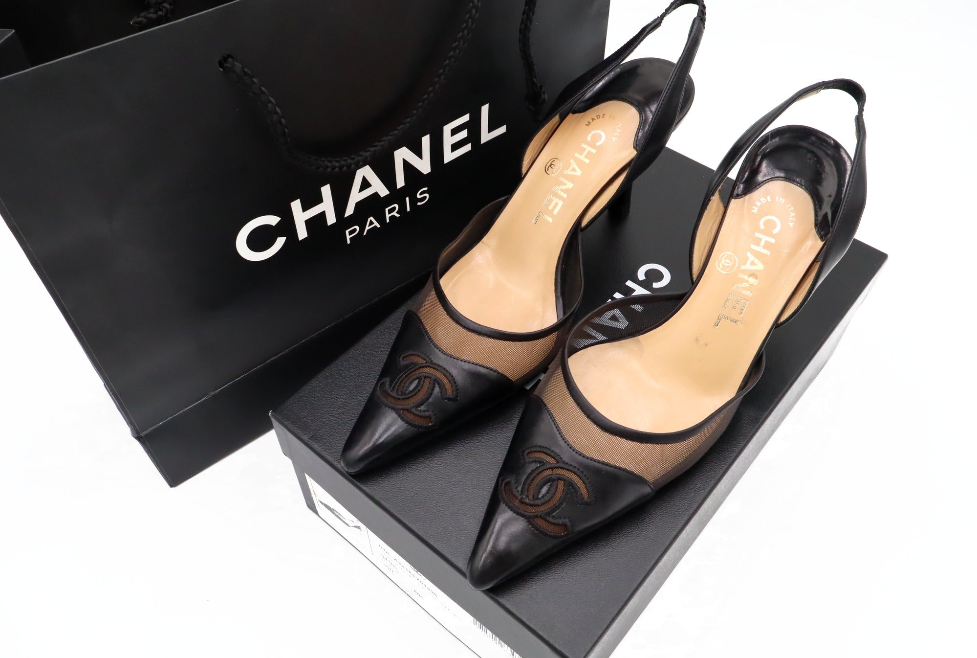 Vintage Chanel CC Mesh Leather Pointed-Toe Slingbacks | 36.5