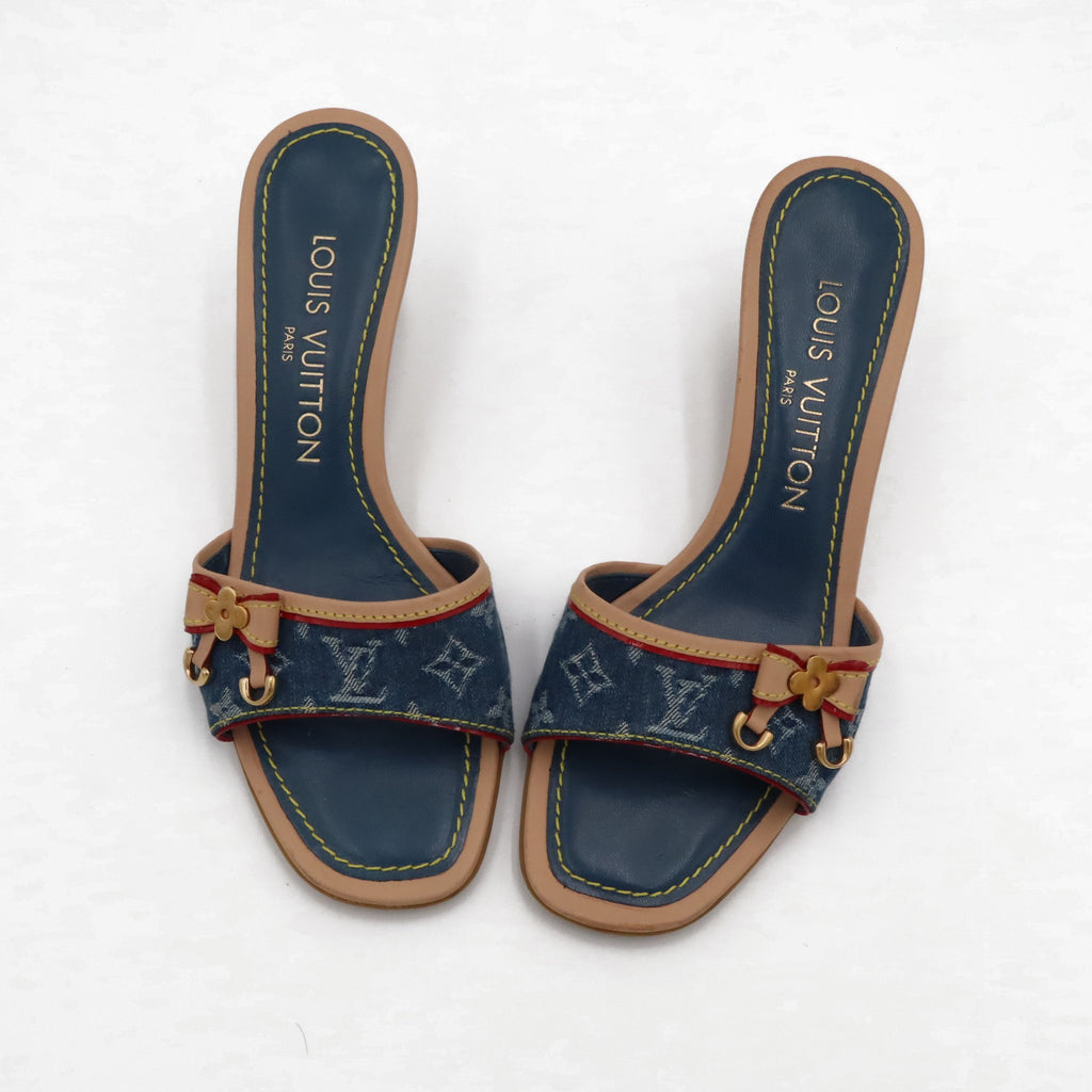 Louis Vuitton Monogram Denim Kitten Heel Slide Mules | 35