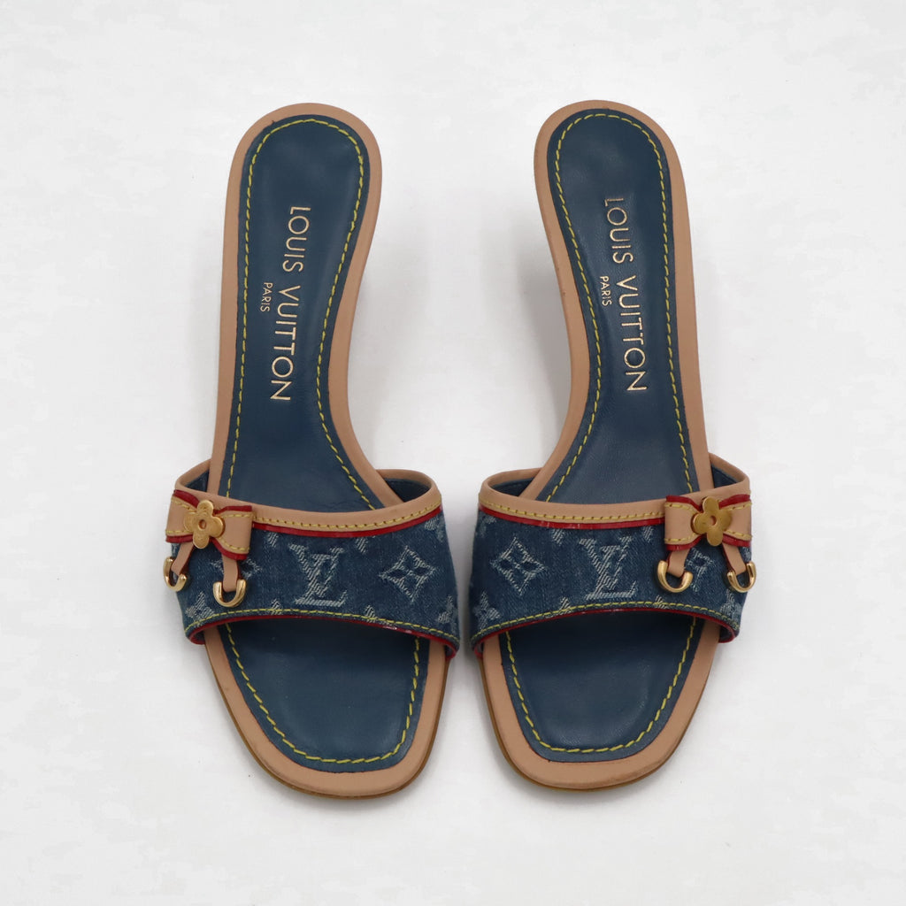Louis Vuitton Monogram Denim Kitten Heel Slide Mules | 35