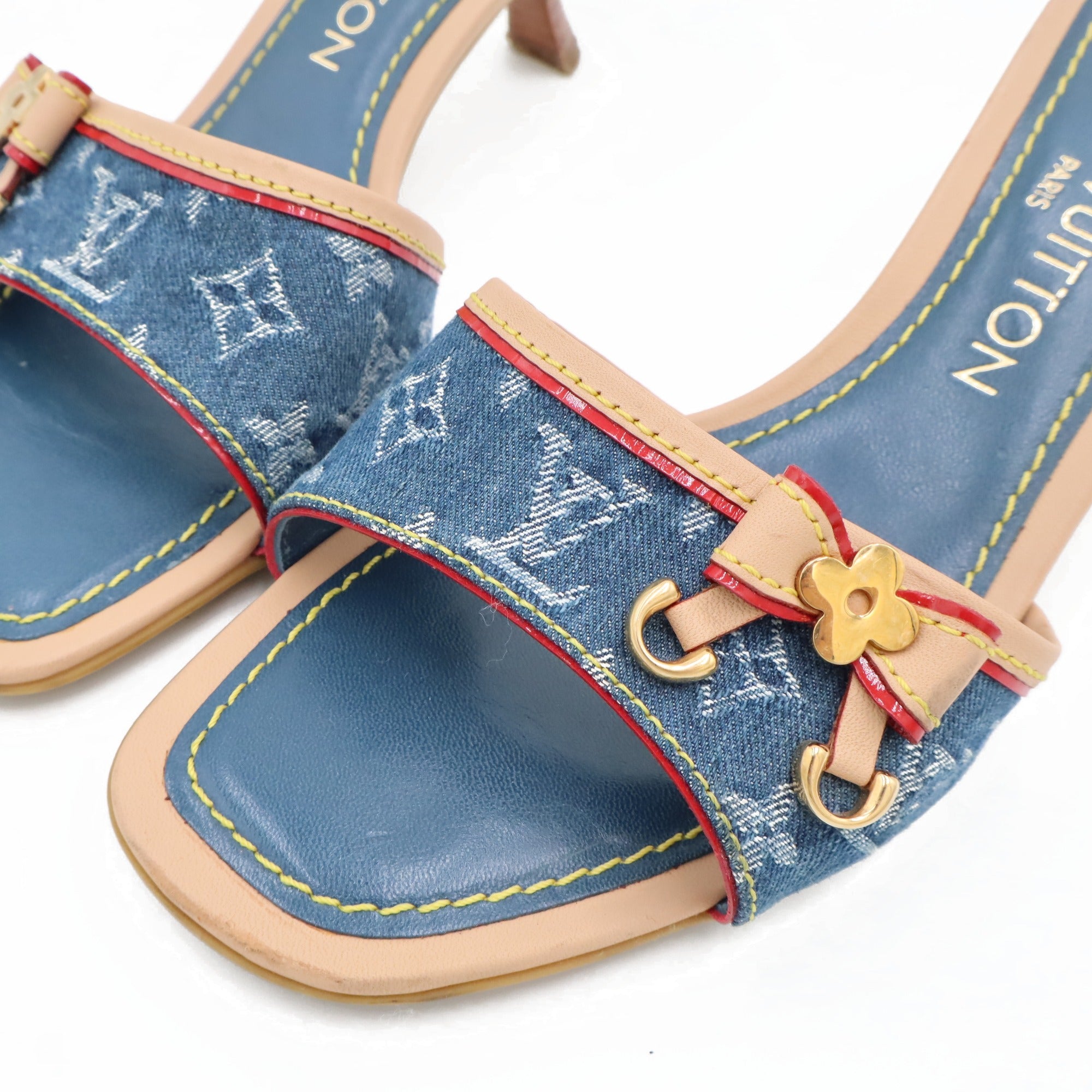 Louis Vuitton Monogram Denim Kitten Heel Slide Mules | 35