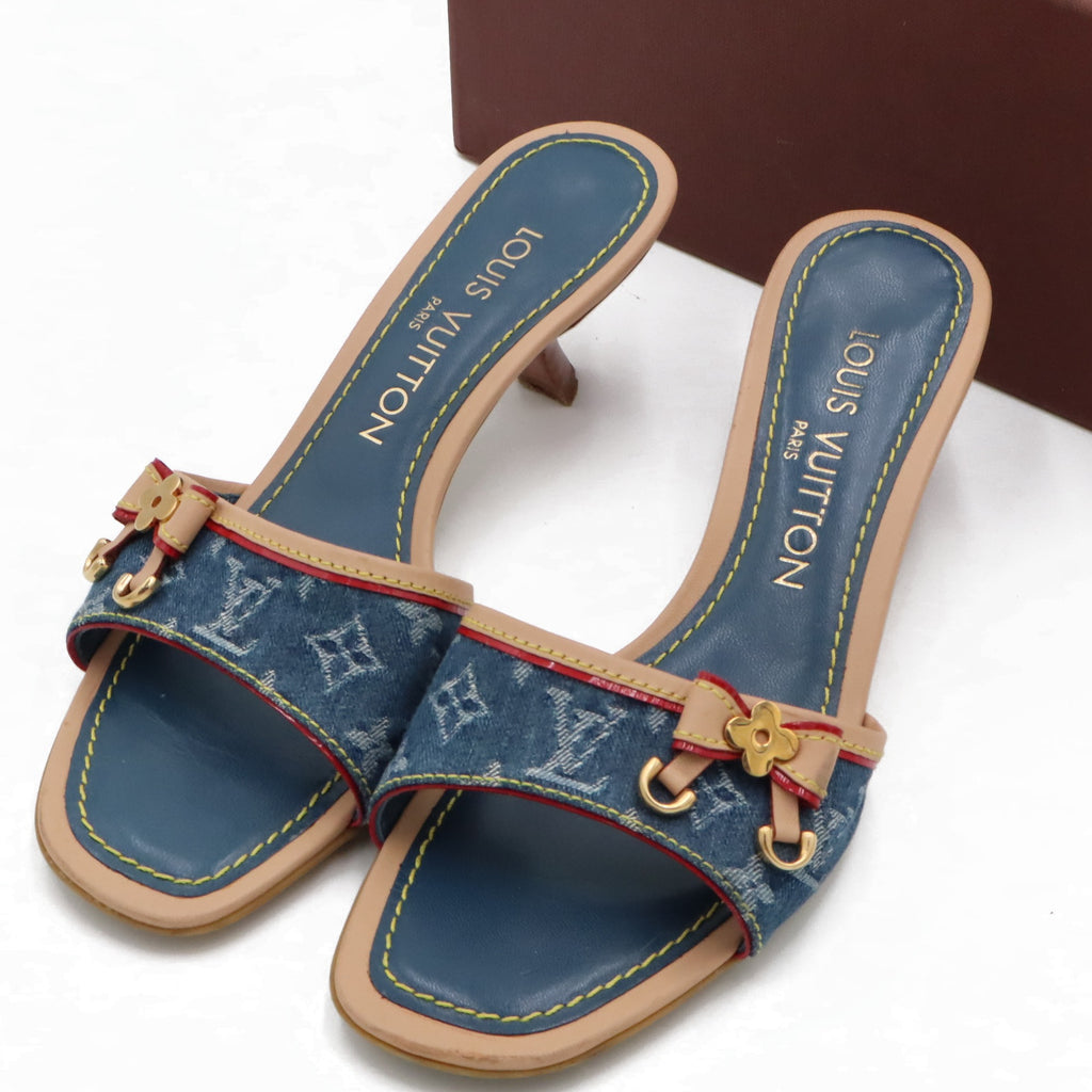 Louis Vuitton Monogram Denim Kitten Heel Slide Mules | 35
