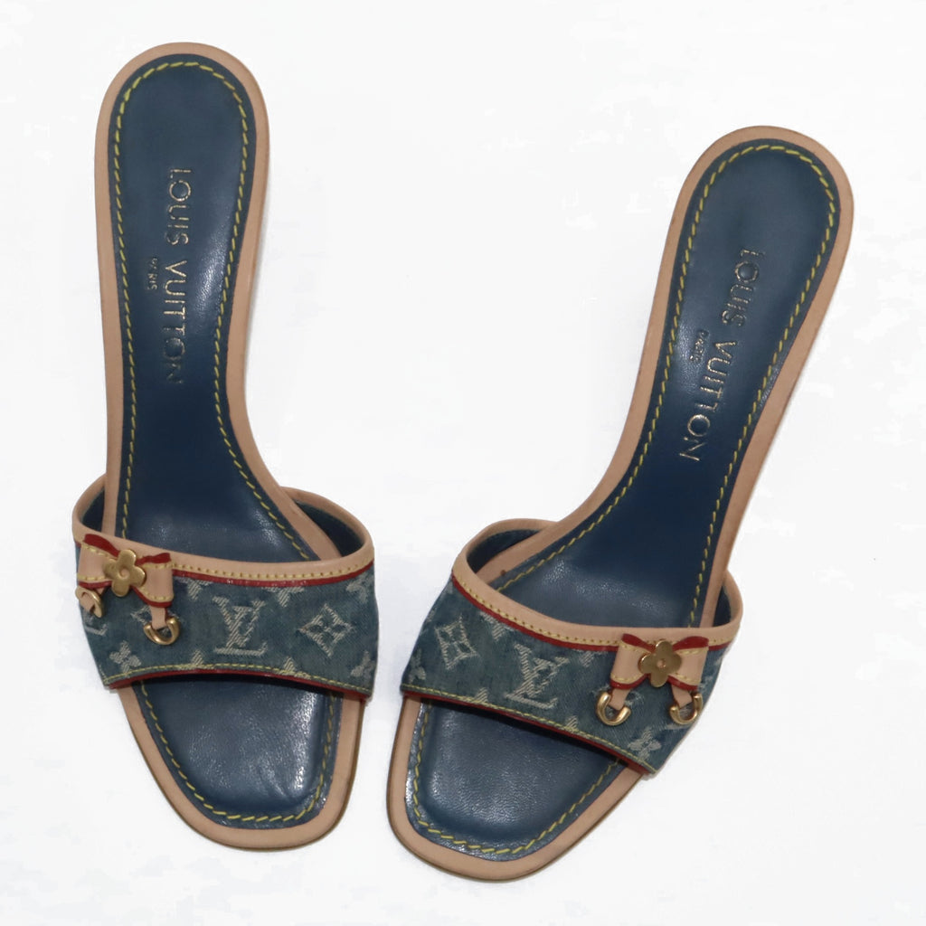 Louis Vuitton Monogram Denim Kitten Heel Slide Mules | 38