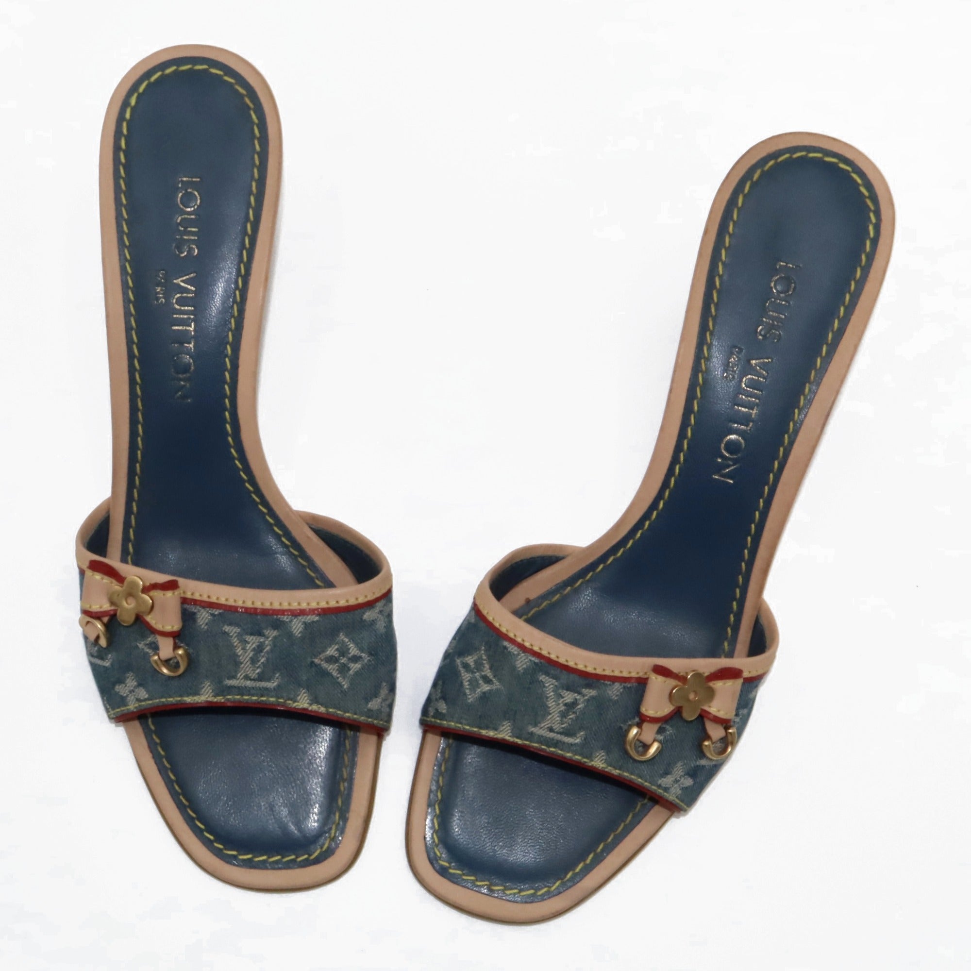 Louis Vuitton Monogram Denim Kitten Heel Slide Mules | 38