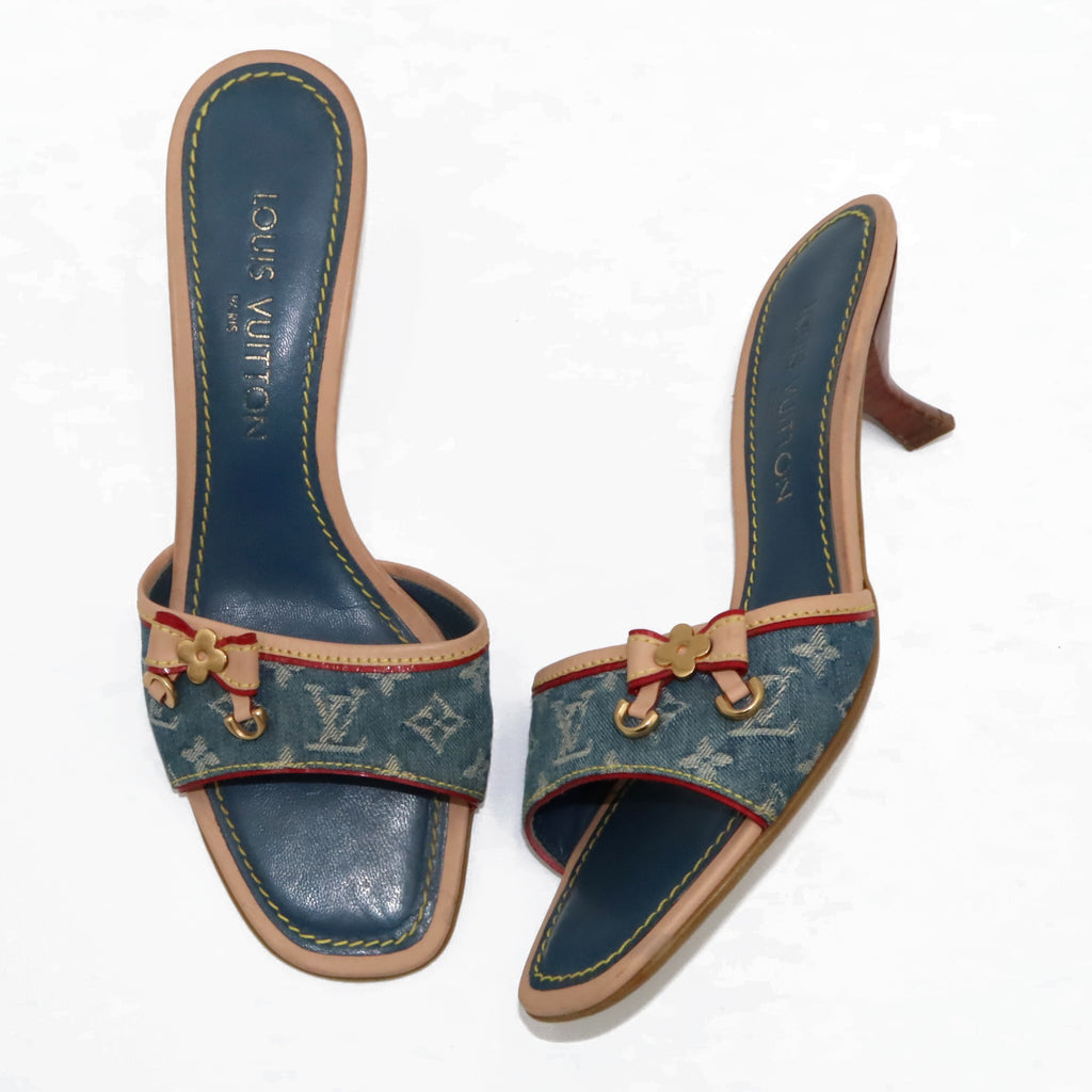 Louis Vuitton Monogram Denim Kitten Heel Slide Mules | 38