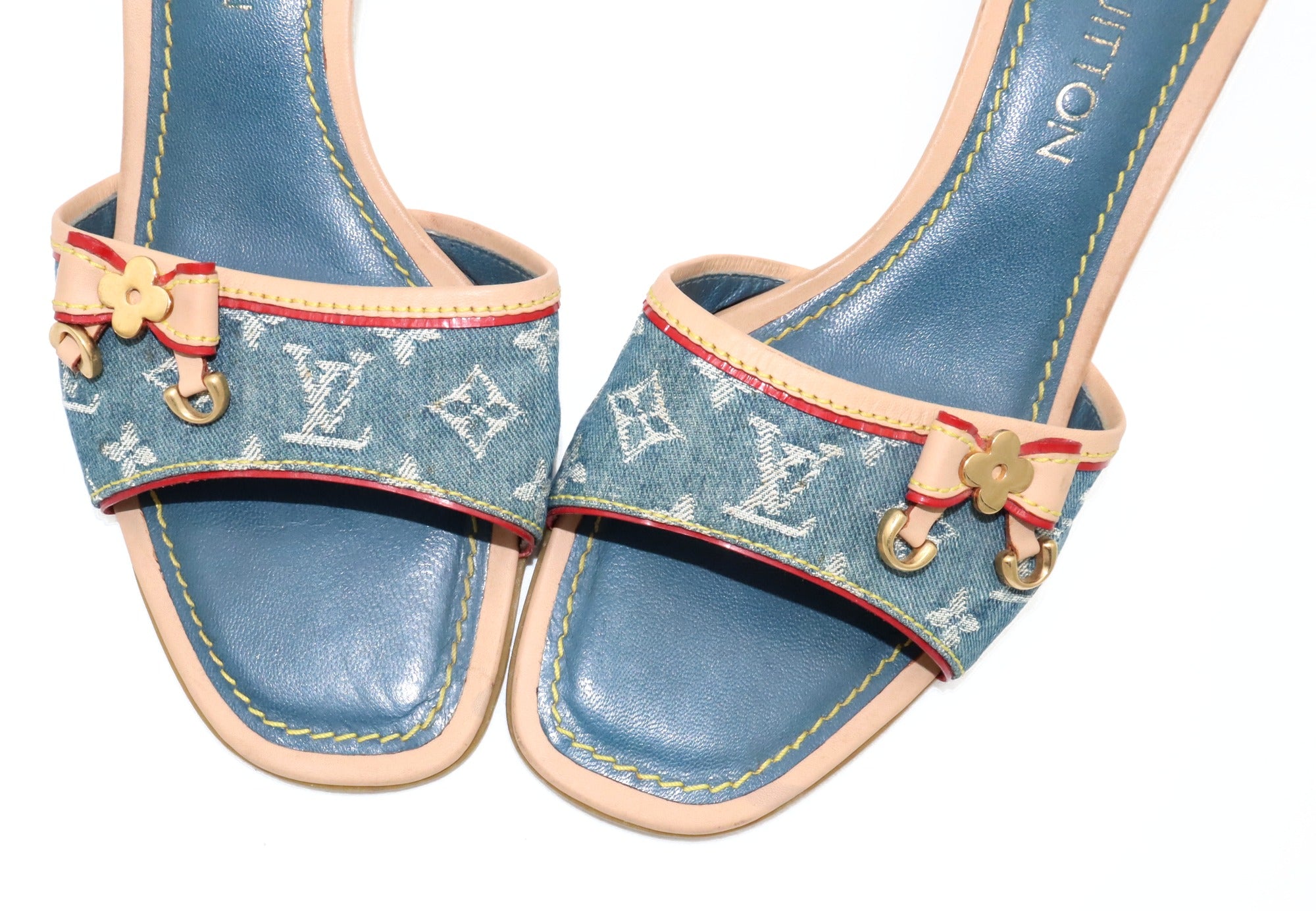Louis Vuitton Monogram Denim Kitten Heel Slide Mules | 38