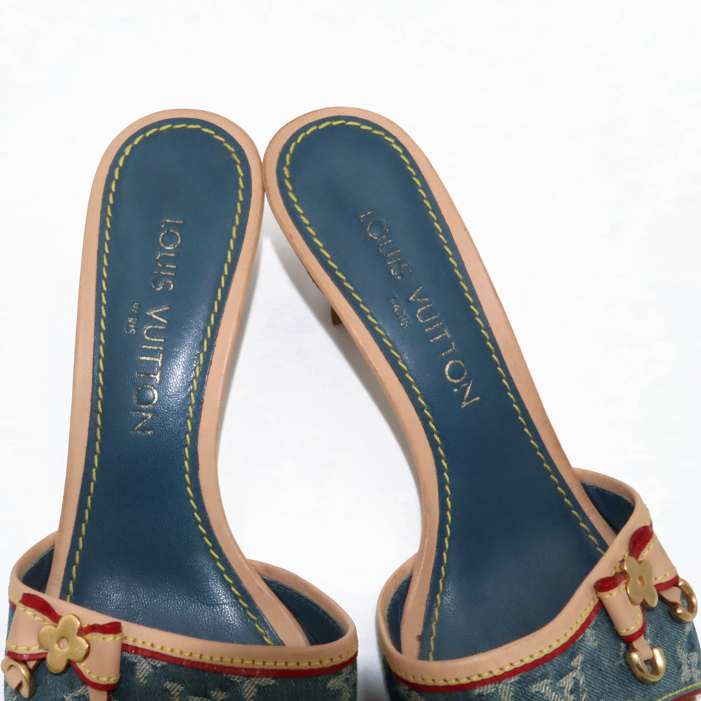 Louis Vuitton Monogram Denim Kitten Heel Slide Mules | 38
