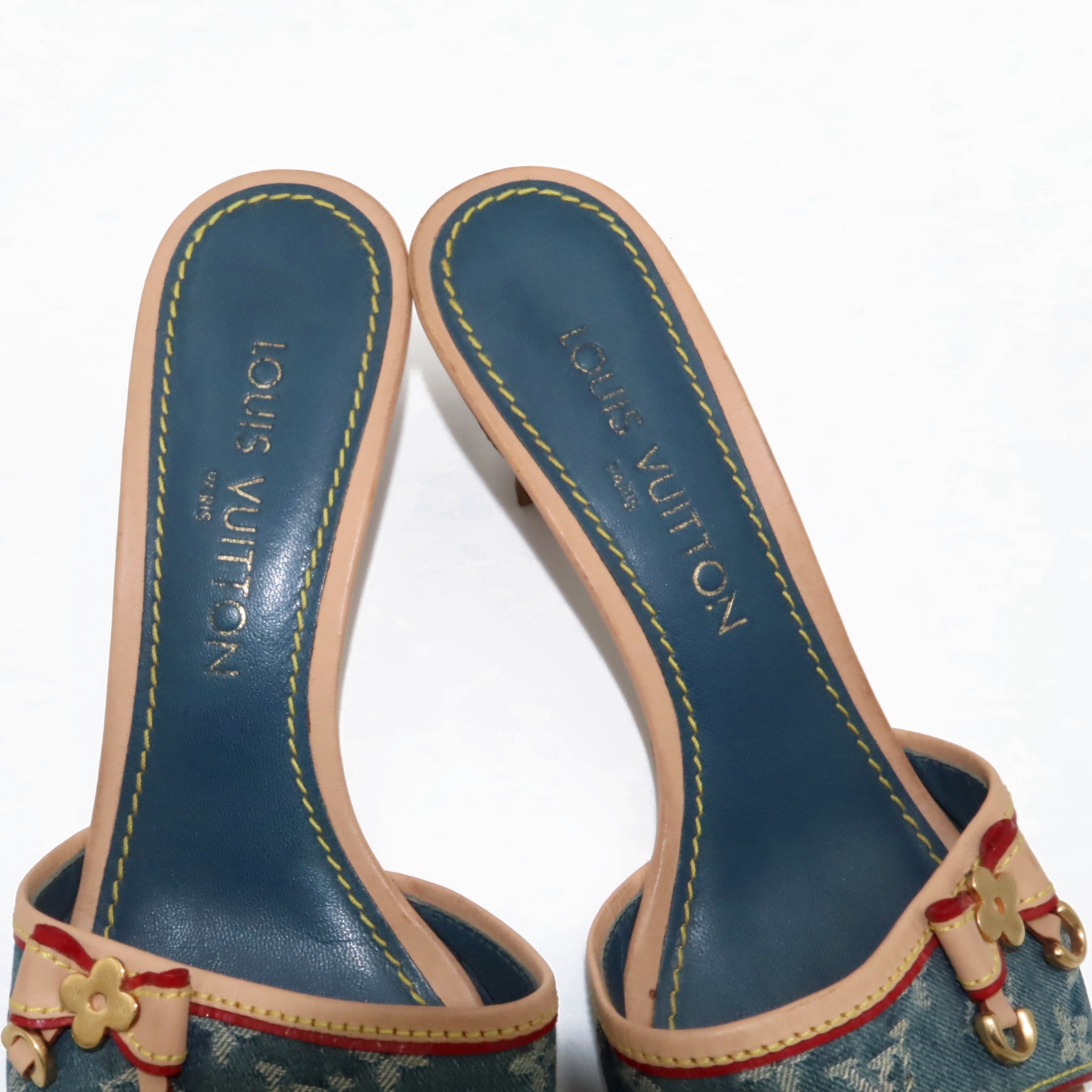 Louis Vuitton Monogram Denim Kitten Heel Slide Mules | 38