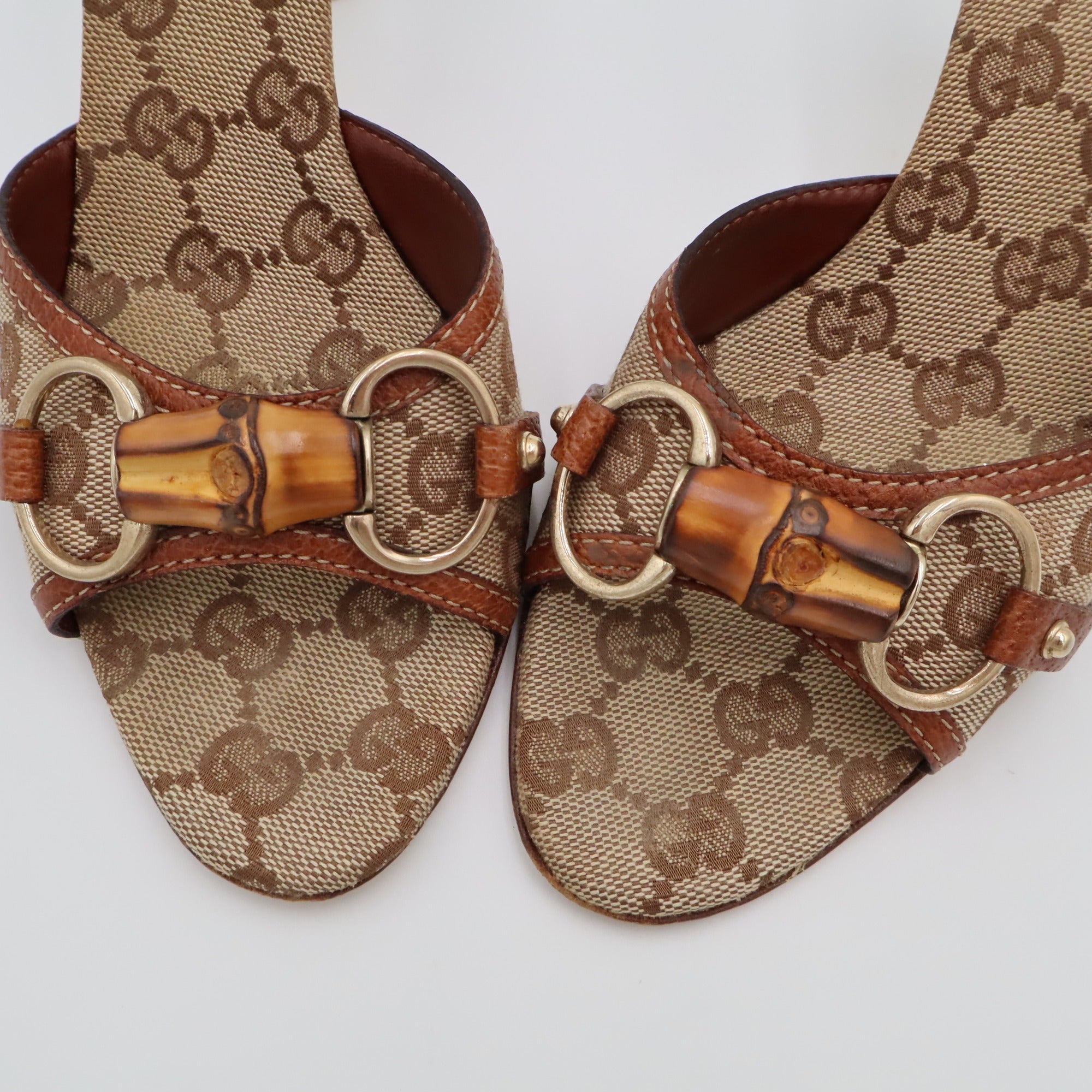 Vintage Gucci GG Canvas Bamboo Horsebit Mules — bamboo horsebit hardware detail