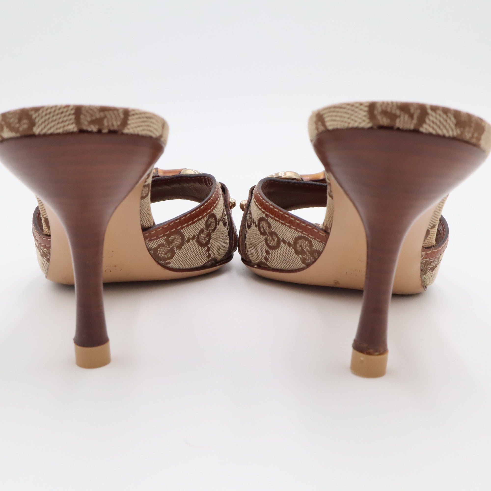 Vintage Gucci GG Canvas Bamboo Horsebit Mules — heel back view