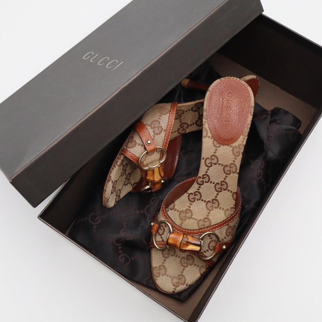 Vintage Gucci GG Canvas Bamboo Horsebit Mules — in box