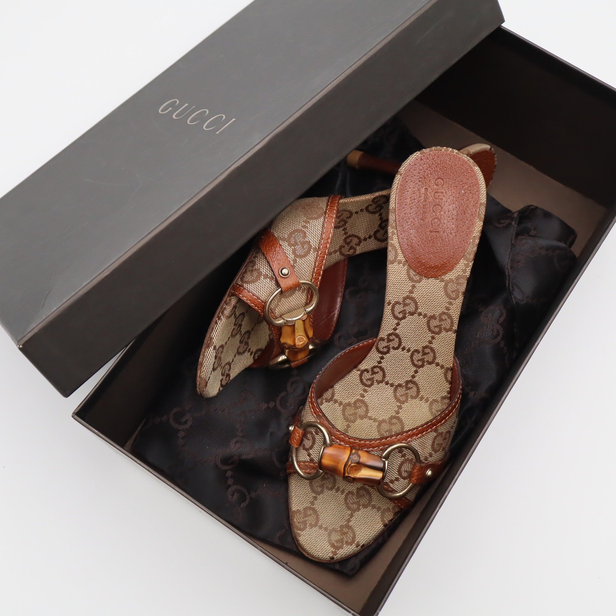 Vintage Gucci GG Canvas Bamboo Horsebit Mules — in box