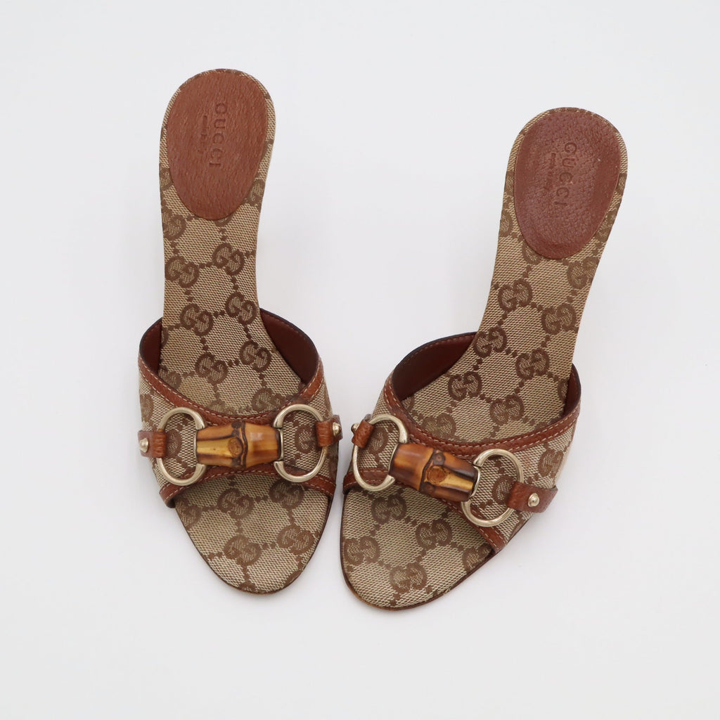 Vintage Gucci GG Canvas Bamboo Horsebit Mules — side profile