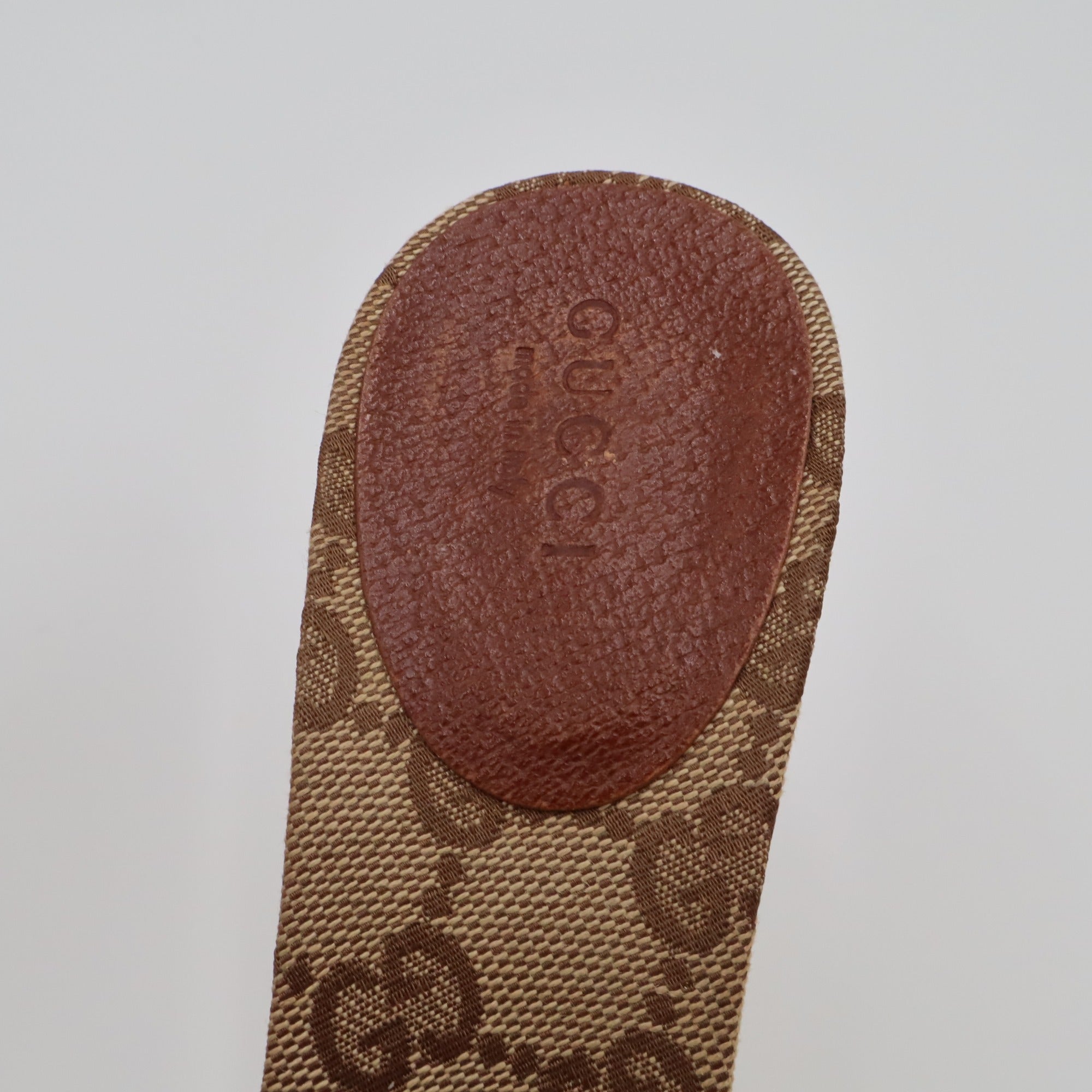 Vintage Gucci GG Canvas Bamboo Horsebit Mules — logo footbed detail