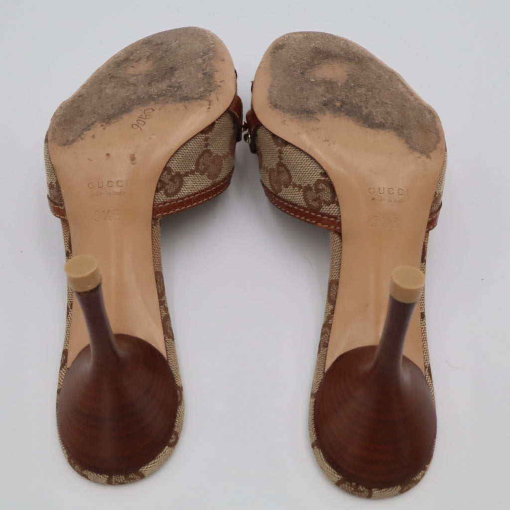 Vintage Gucci GG Canvas Bamboo Horsebit Mules — worn sole detail
