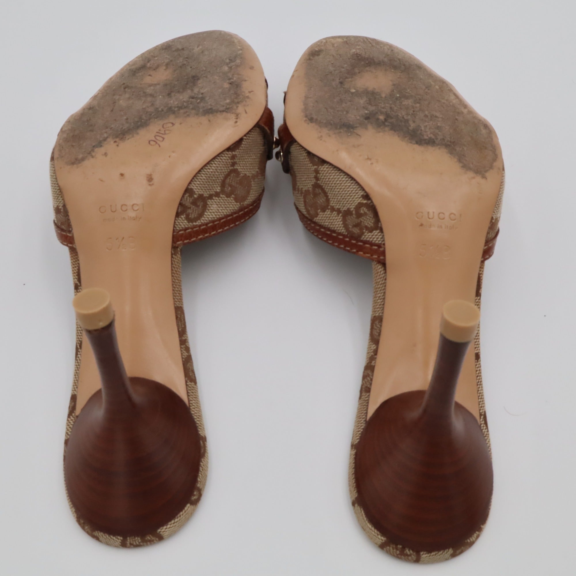 Vintage Gucci GG Canvas Bamboo Horsebit Mules — worn sole detail